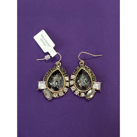 Teardrop Dangle Rhinestone Earrings Smokey Clear Lace Like Design Brass Tone New - Picture 1 of 7